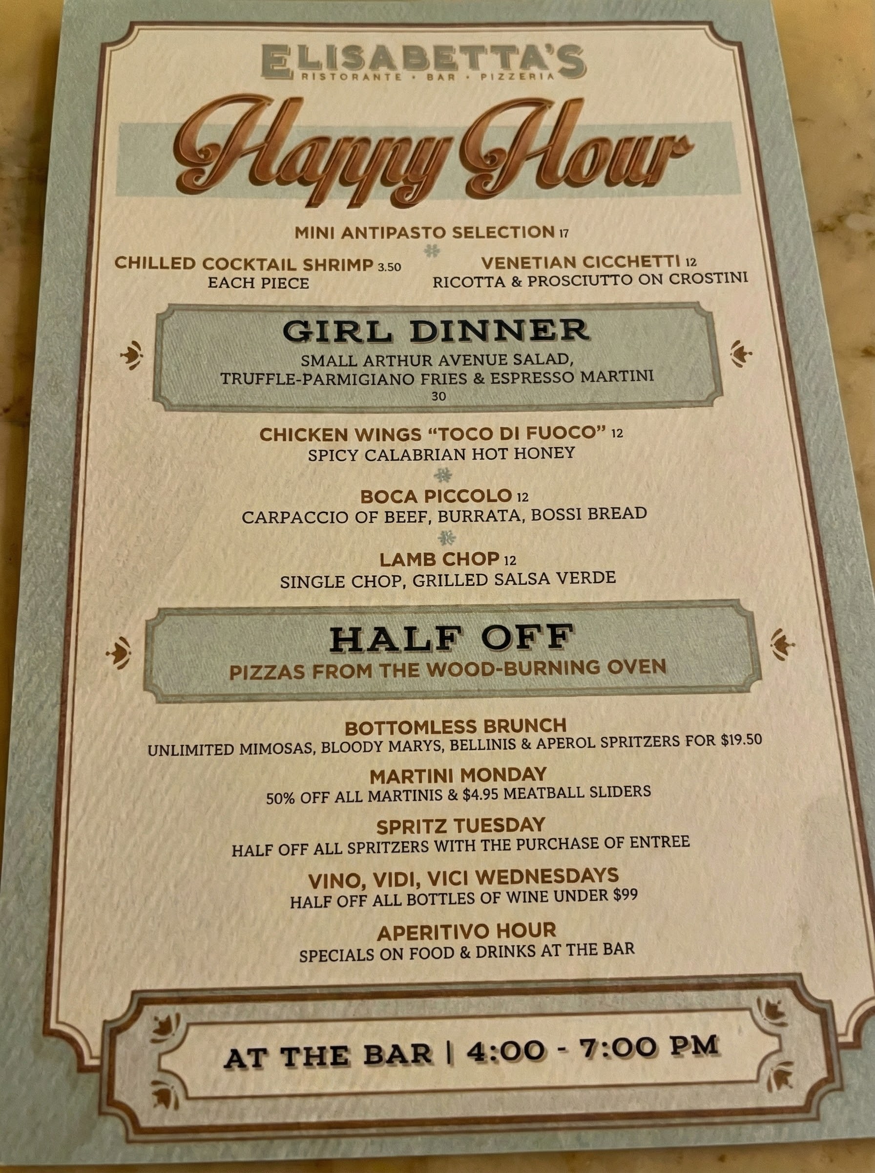Elisabetta's Happy Hour Menu December 2025
