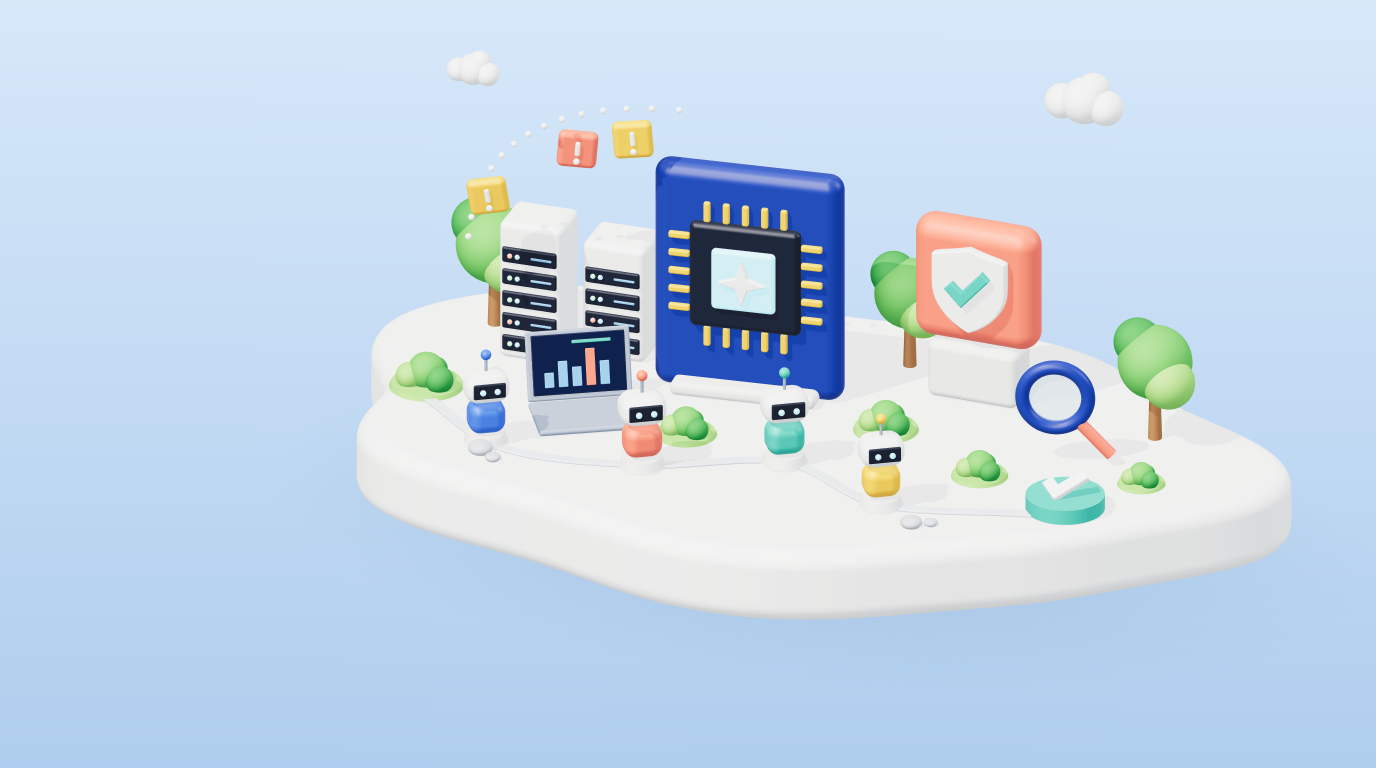 3D illustration of AI agents walking a path past an AI chip, server racks and a security shield on a floating island