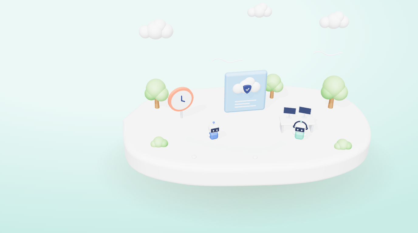 3D illustration of a cloud shield tile, a 24/7 clock and an agent with a headset at a monitoring desk