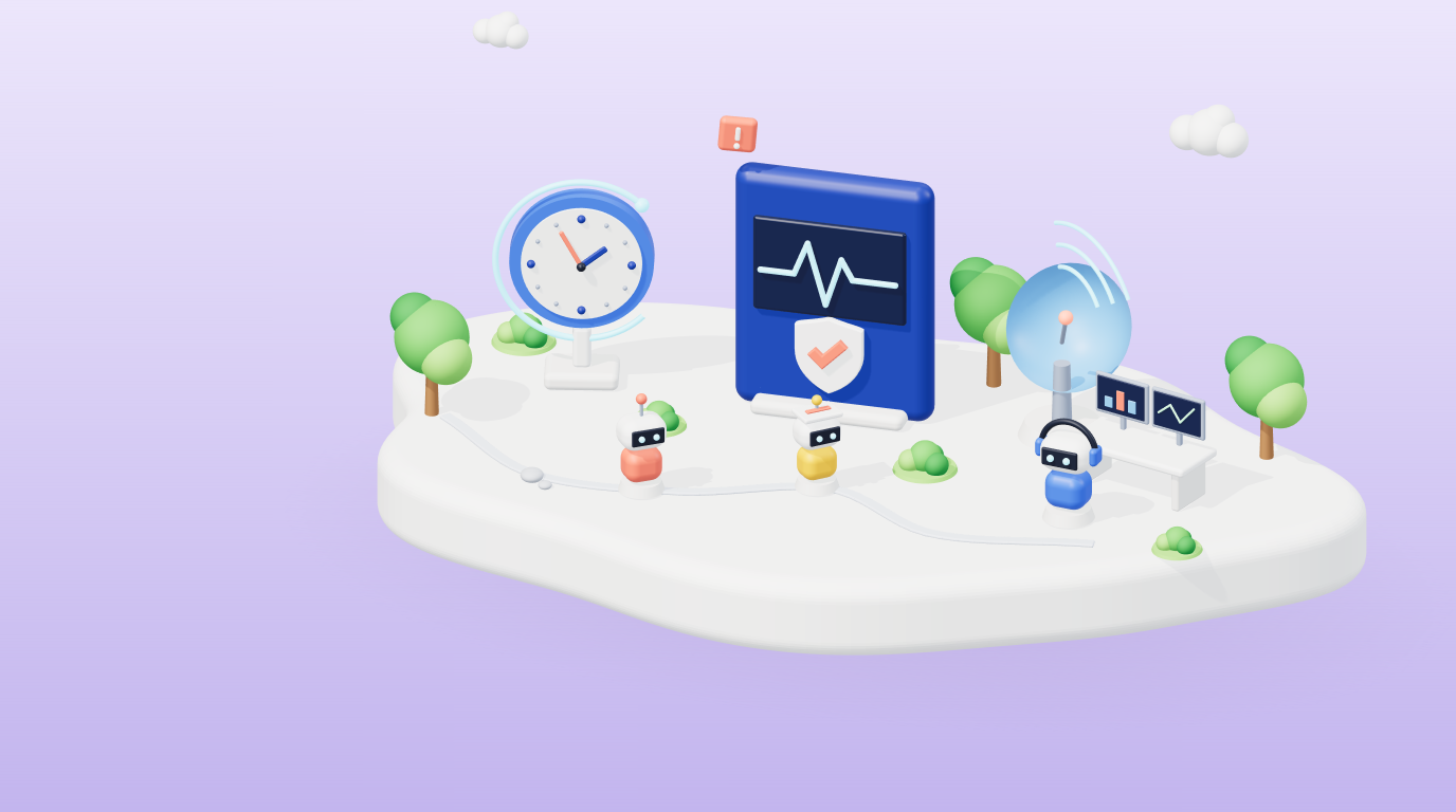 3D illustration of a 24/7 clock, a heartbeat monitor with a shield, a radar dish and a monitoring desk