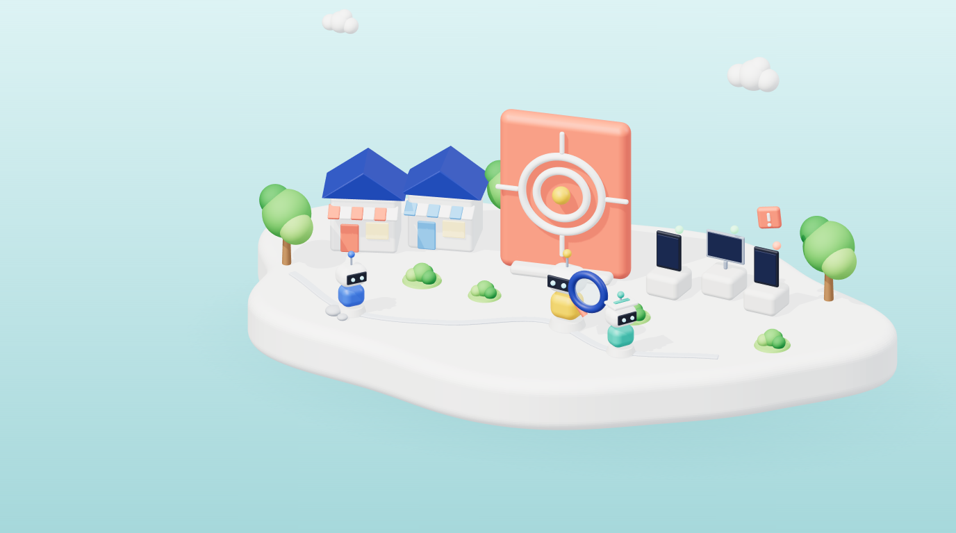 3D illustration of small business shopfronts, a target and an AI agent hunting threats across endpoints