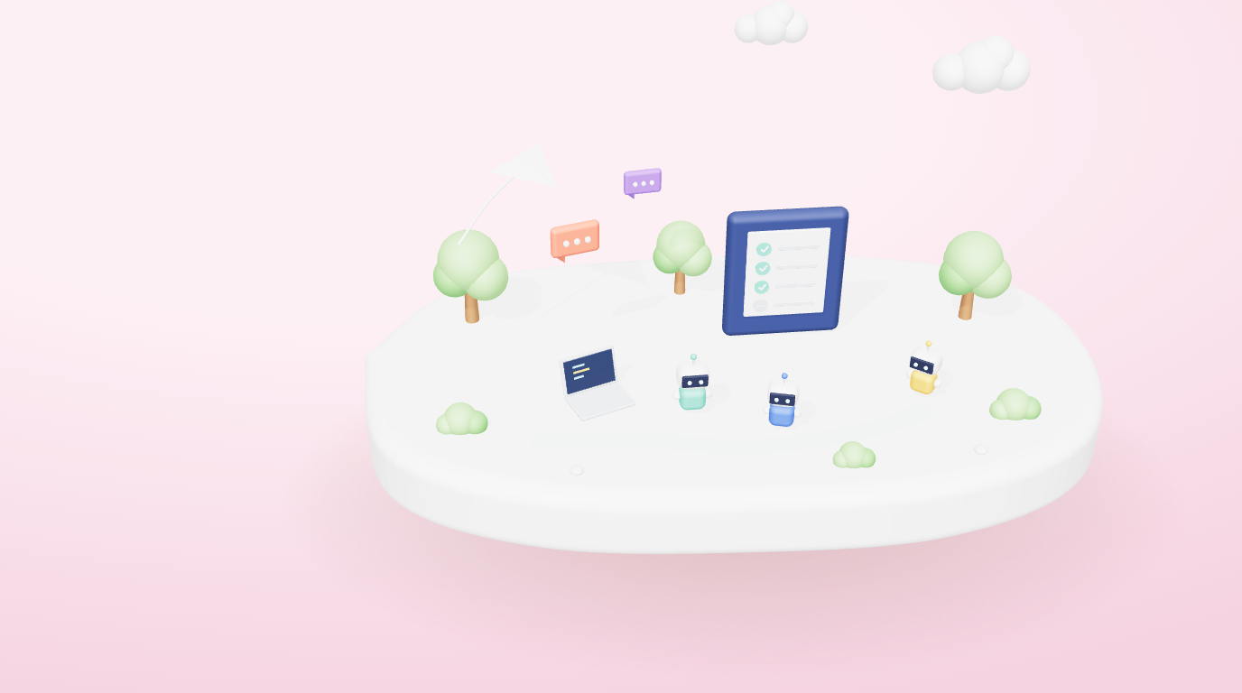 3D illustration of chat bubbles, a paper plane and agents completing a checklist on a navy tile