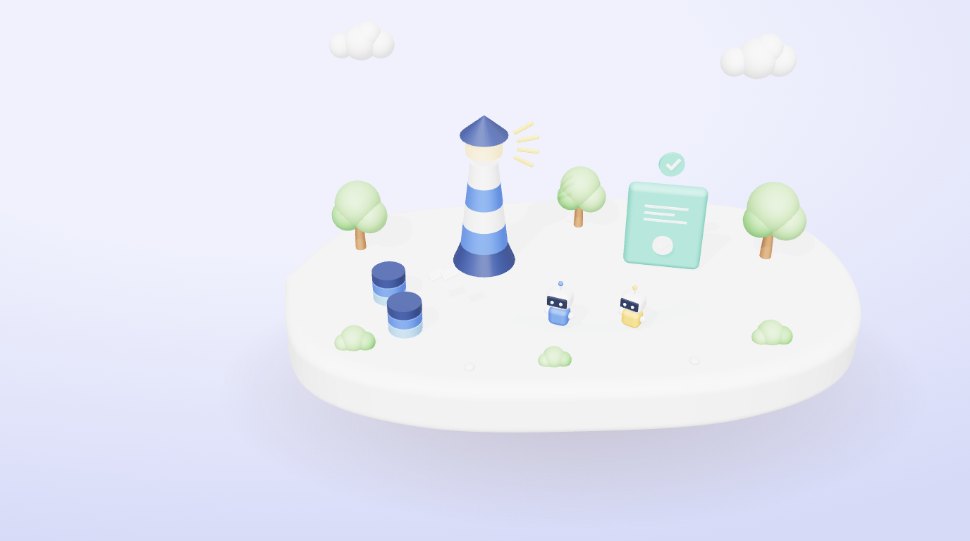 3D illustration of a lighthouse watching over log stacks, with agents walking to a teal tile beyond it