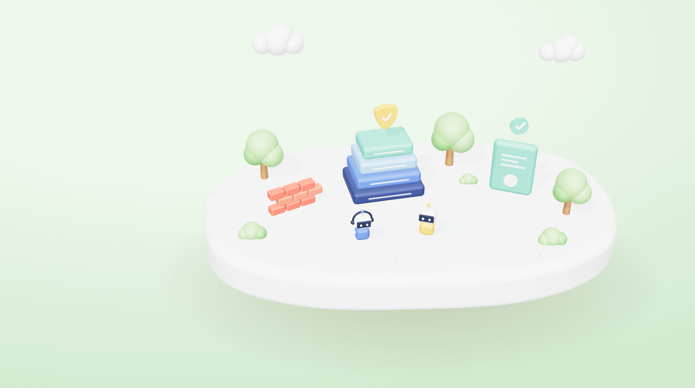 3D illustration of a layered platform stack with a shield, a firewall wall and agents taking a lighter path to a teal tile