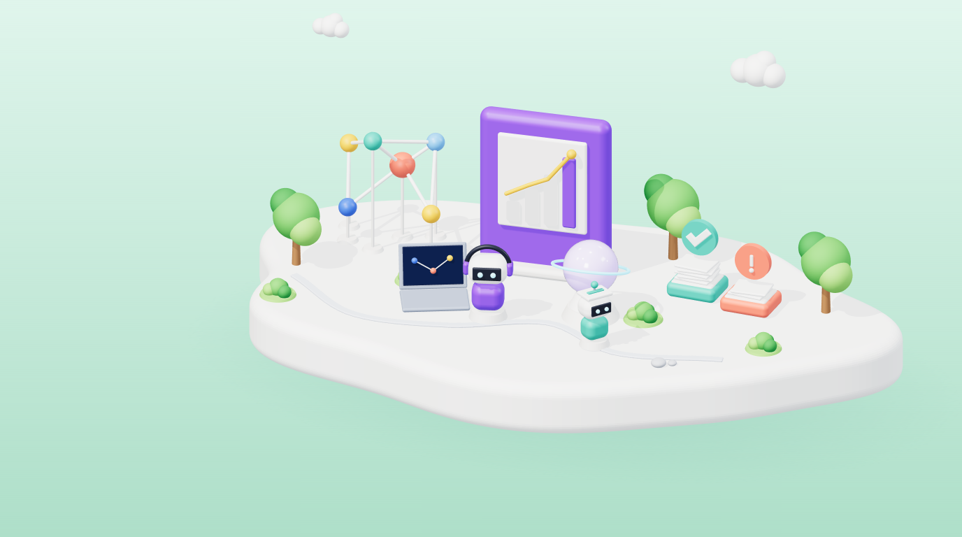 3D illustration of a connected threat graph, a rising chart and a glowing orb with AI agents on a floating island