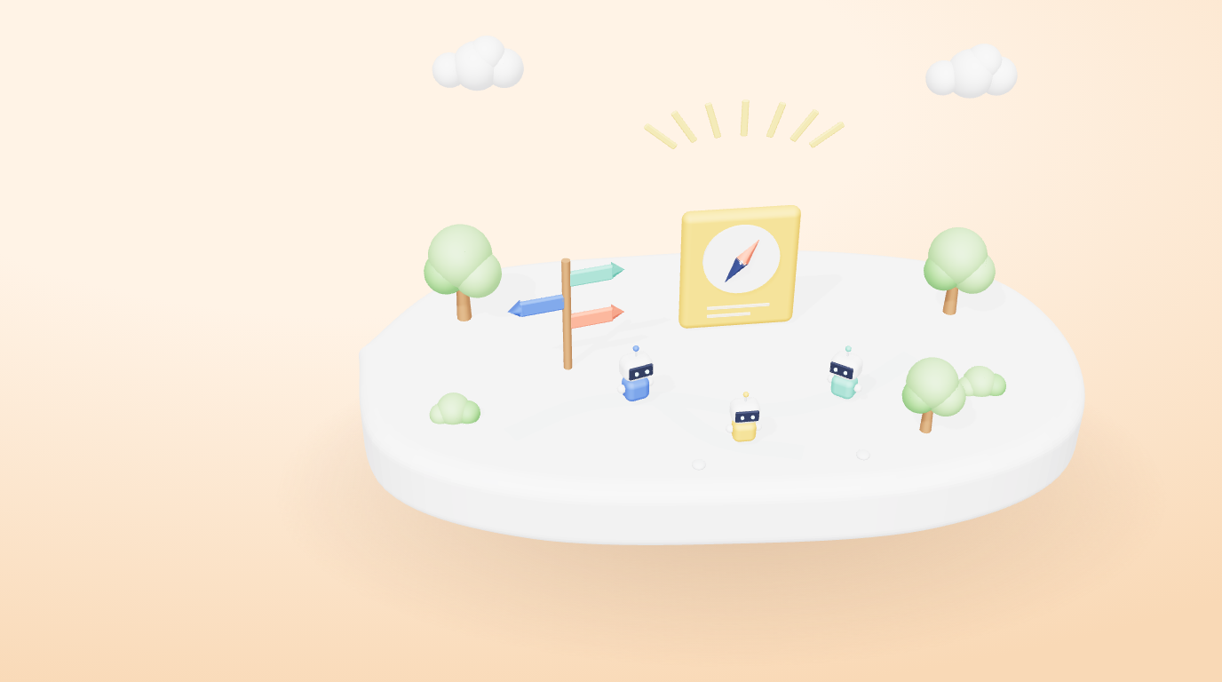 3D illustration of a signpost and forked path with agents choosing a direction beside a compass tile