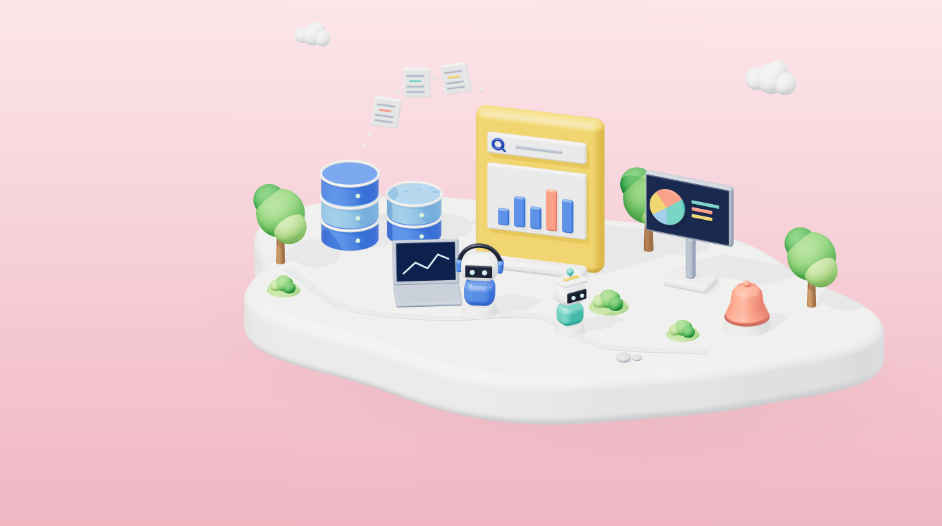 3D illustration of databases sending logs into a search and analytics tile with a dashboard and alert bell