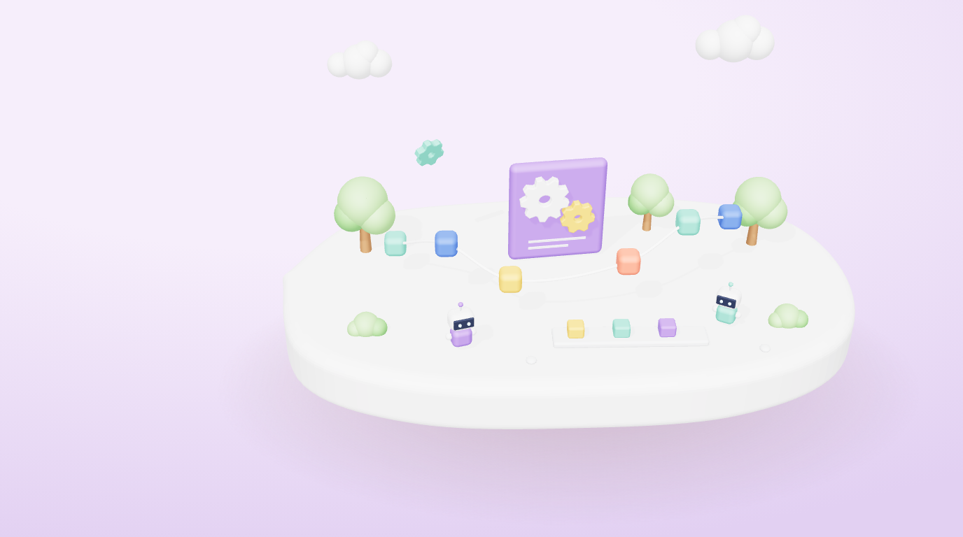 3D illustration of gears on a purple tile, a workflow of connected nodes and a conveyor of tasks on a floating island